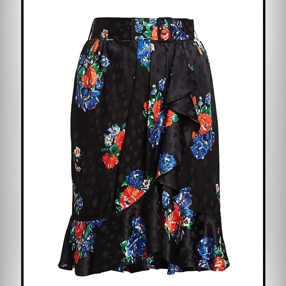 Tory Burch Womens Ruffled Floral Silk Jacquard Skirt 6 Navy Tea Rose - NWT $498